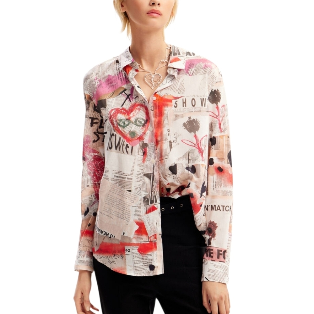 Desigual Unique Multicolor Newspaper Graphic Button Down Cotton Shirt women's XS